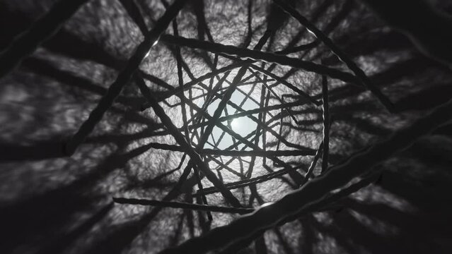Creepy dark 3D shaft, camera follows the light, surrounded by mysterious threads blocking the way out, 4k 3D animation