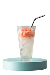 Glass of refreshing cocktail with grapefruit on the podium isolated on white background, still life, advertising photo
