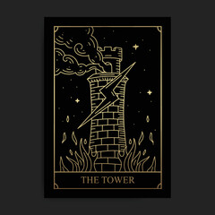 The Tower. Major Arcana golden luxury tarot card vector illustration