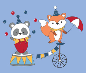 cute circus animals, cute circus panda, cute circus fox, cute carnival animals
