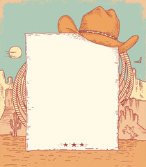 Wild West cowboy poster for text. Vector western hand drawn vintage background with cowboy hat and lasso on American canyon desert and cactuses.