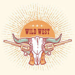 Fototapeta premium Wild West symbol illustration with Western text. Vector cowboy hand drawn illustration with buffalo skull and guns and guns isolated on vintage background