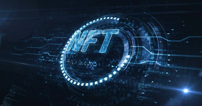 NFT Non-Fungible Token and digital collectibles symbol digital concept. Network, cyber technology and computer background abstract 3d animation. Seamless and loopable.