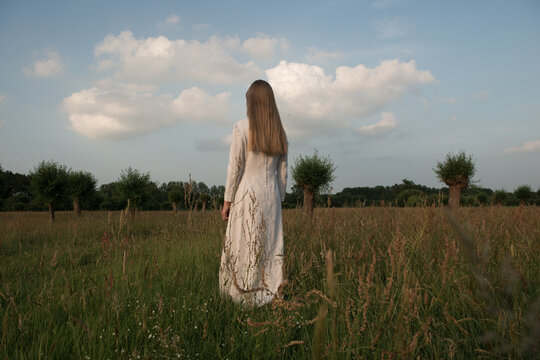 rear view of woman in classic long dress standing in field in nature in evening light
