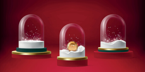3d christmas background with snow balls. Merry xmas, new year glass globes, red light decoration render. Blank dome set. Empty transparent elements, holiday toys. Vector minimal illustration © Natalia