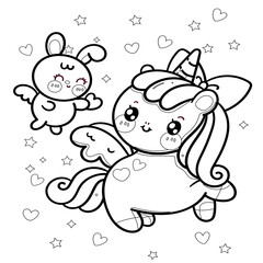 Cute cartoon unicorn. Black and white vector unicorn  illustration for coloring book for kids, Creepy Kawaii , cute pastel 