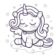 Cute cartoon unicorn. Black and white vector unicorn  illustration for coloring book for kids, Creepy Kawaii , cute pastel 