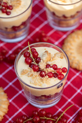 Dessert mit Johannisbeeren, Vanillepudding und Keks auf roter Tischdecke