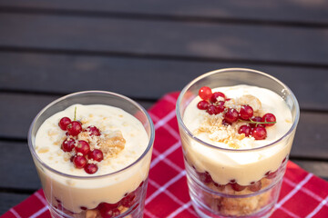 Dessert mit Johannisbeeren, Vanillepudding und Keks auf roter Tischdecke