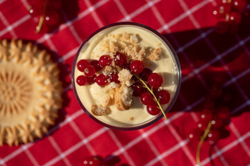 Dessert im Glas mit Johannisbeeren, Vanillecreme und Keks auf einer roten Tischdecke im Sonnenlicht