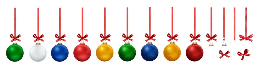 A collection of colourful Christmas Bauble decorations in Matte and Glitter hanging from red ribbon...