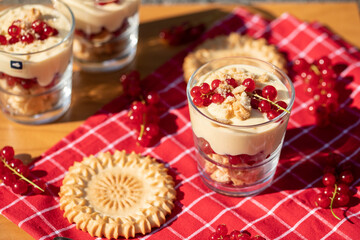 Dessert im Glas mit Johannisbeeren, Vanillecreme und Keks auf einer roten Tischdecke im Sonnenlicht