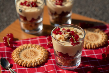 Dessert im Glas mit Johannisbeeren, Vanillecreme und Keks auf einer roten Tischdecke im Sonnenlicht