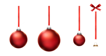 Red Christmas bauble tree decorations with other design elements isolated against a transparent background.