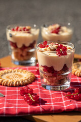 Dessert im Glas mit Johannisbeeren, Vanillecreme und Keks auf einer roten Tischdecke im Sonnenlicht