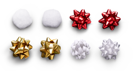 A collection of red, gold and white ribbon bows and gift, present wrapping decorations isolated against a transparent background.