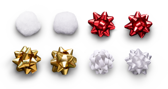 A collection of red, gold and white ribbon bows and gift, present wrapping decorations isolated against a transparent background.