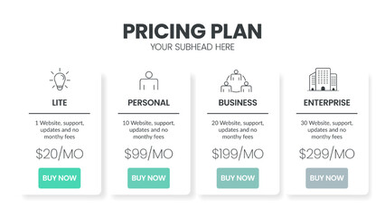 Obraz premium Modern creative pricing subscription plan table template with minimal line icon style. UI UX interface design elements. Infographic design element with option plans for website or presentation vector.