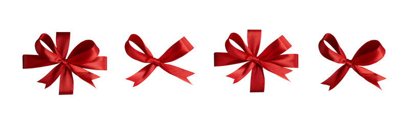 A collection of red ribbon bows for Christmas, birthday and valantines presents isolated against a...