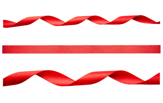 A set of curly red ribbon for Christmas and birthday present isolated against a transparent background.