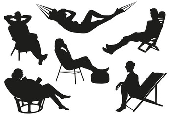 Set of silhouettes of resting people. Vector set. People spend their leisure time.