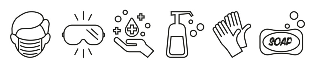 Items for the prevention of various diseases. Vector illustration. Personal protective equipment icons - medical mask, latex gloves, soap, dispenser, goggles.