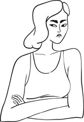 Disgruntled doodle girl. Young woman looks incredulously with her arms crossed. Grumpy person vector sketch isolated on white background.