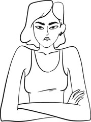 Grumpy doodle girl. A young woman looks displeased with her arms crossed. Wayward person vector sketch isolated on white background.