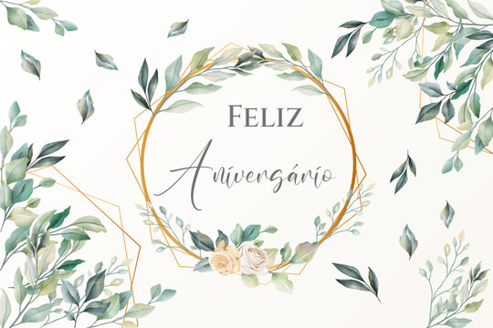 cartão ou banner para desejar um feliz aniversário em verde em um círculo e um diamante dourado com flores e folhas em um fundo cru com galhos de folhas verdes