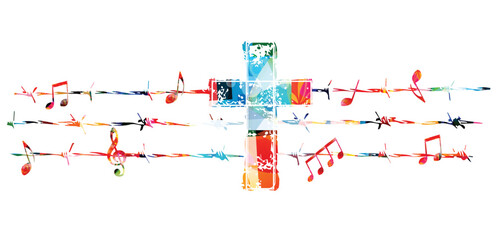  Christian cross with musical notes attached to barbed wire and isolated vector illustration. Religion themed background. Design for Christianity, church service, church choir