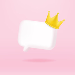 3D Gold crown emoji symbol for winner luxury premium success. Luxury gold crown on bubble speech message icon, customers feedback, popular. 3D vector design.