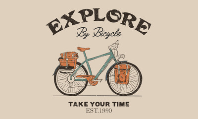 Explore by bicycle vector t shirt design. Cycle graphic print artwork for apparel, t shirt, sticker, poster, wallpaper and others. Road cycling desert road trip artwork.