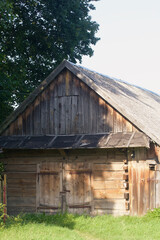 Old log shed. Exterior details. Close-up.