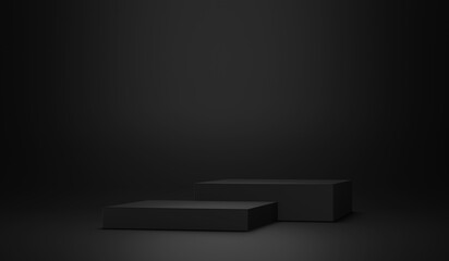 3D black podium or stage for packaging presentation and cosmetic. mock-up stand product scene background. 3d podium stage rendering