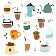 Vector illustration  coffee hand drawn
, coffee, tea, soda water. Isolated background.