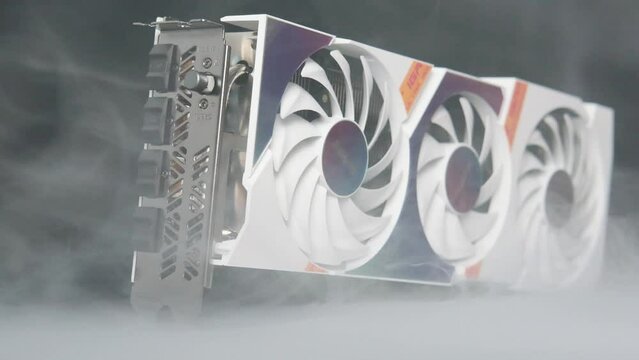 VGA Card, GPU, Graphic Card, Computer part with smoke rising and dark background