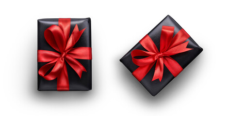 Fototapeta na wymiar Top view of Valentines, Christmas, birthday presents wrapped in black paper with red ribbon and bow decoration isolated against a transparent background.
