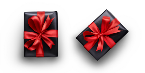 Top view of Valentines, Christmas, birthday presents wrapped in black paper with red ribbon and bow decoration isolated against a transparent background.