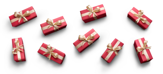 Top view of Christmas presents wrapped in red paper with gold ribbon and bow decoration isolated against a transparent background.
