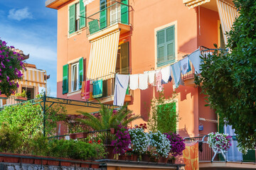 Fototapeta na wymiar The historic center of Levanto with its colorful houses. Italy, Liguria, province of La Spezia