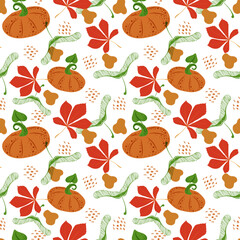 Seamless pattern of stylized orange pumpkins, maple seeds and autumn leaves on a light background. Flat vector style. Halloween. Autumn. Bright pumpkins. Thanksgiving. Suitable for textiles.