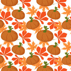 Seamless pattern of stylized orange pumpkins and autumn leaves on a light background. Flat vector style. Halloween. Autumn. Bright pumpkins. Thanksgiving. Suitable for textiles and packaging.