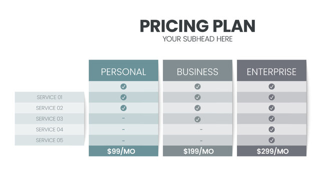 Modern creative pricing subscription plan table template with minimal line icon style. UI UX interface design elements. Infographic design element with option plans for website or presentation vector.