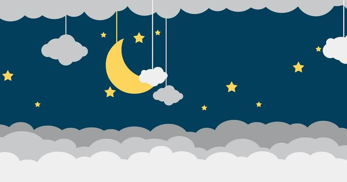 paper cut background animation of clouds and stars at night with crescent moon
