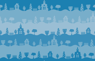 Silhouettes of houses and trees. seamless pattern.