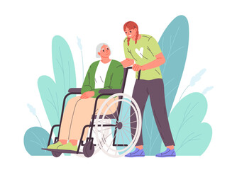 Woman takes care of elderly woman in wheelchair