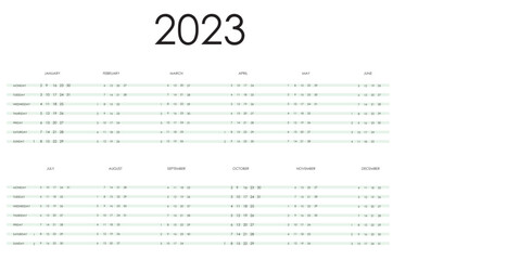 2023 calendar year vector illustration. Yearly calendar 2023 template. Calendar design. Simple calendar design for 2023