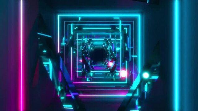 Abstract sci-fi animation of neon lights, glowing tubes, lasers and reflective objects moving in tunnel