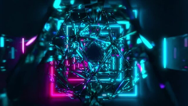 Abstract sci-fi animation of neon lights, glowing tubes, lasers and reflective objects moving in tunnel