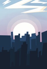 Fototapeta premium A view of a sleepy city against the background of the sun. Vector